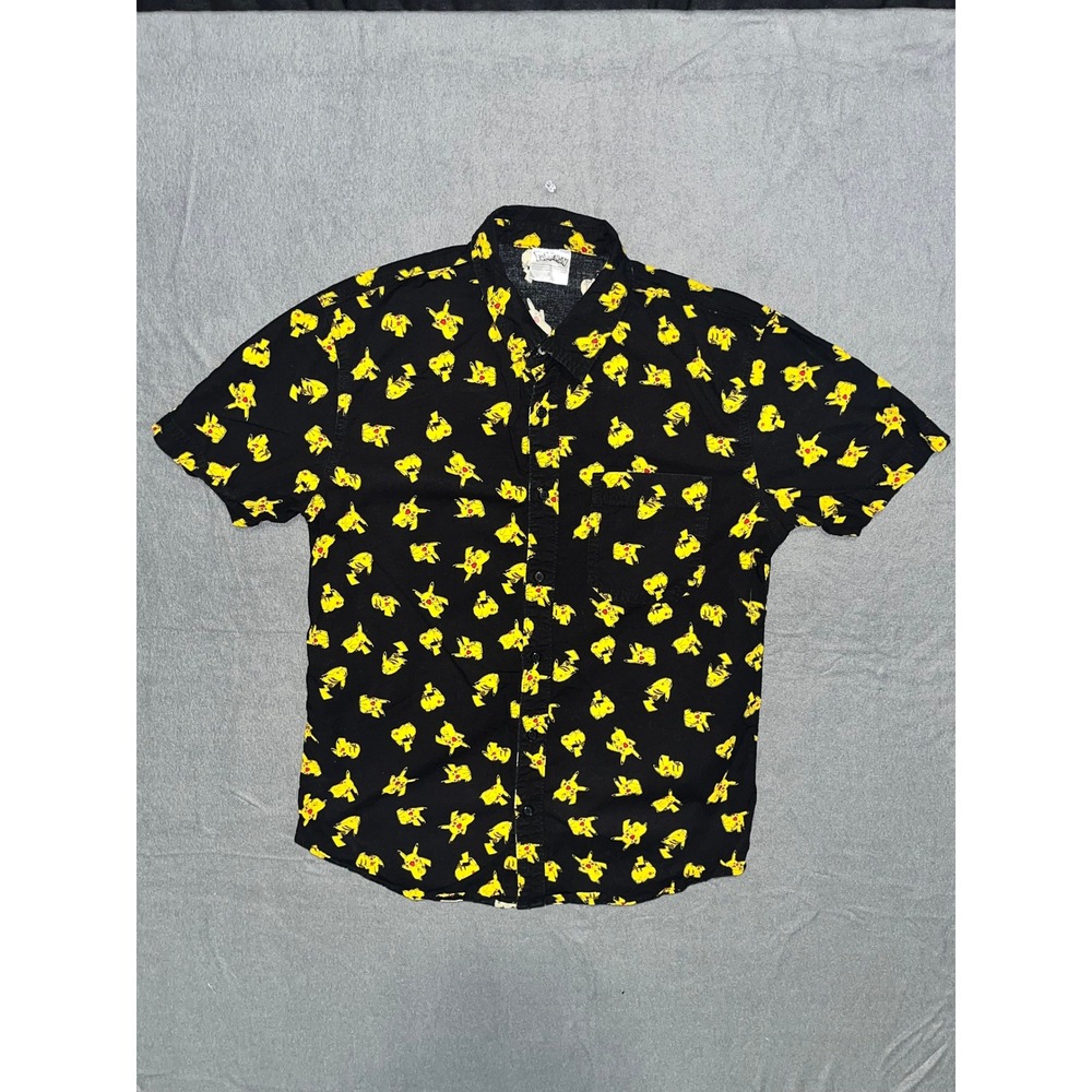 Pokemon Pikachu All Over Print Short Sleeve Button Up Shirt Black Mens Small